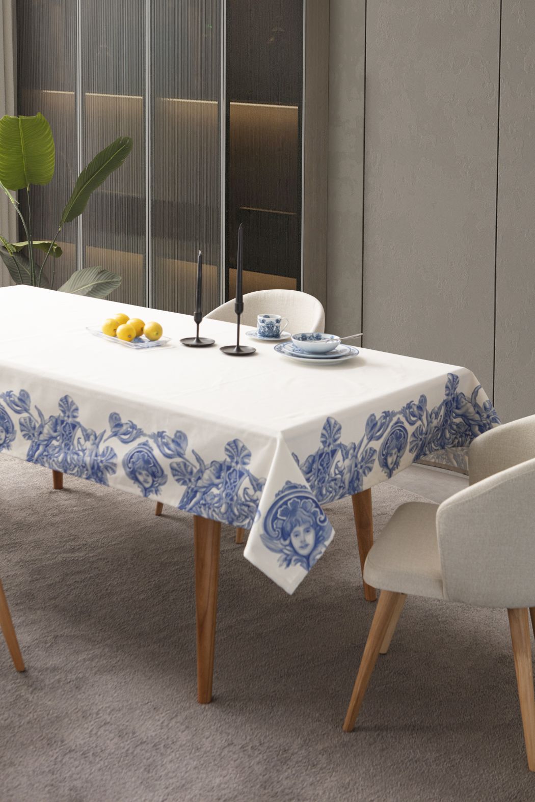 Çini Mavi Full Sofra Tekstili Takımı - Bahçe Desenli Saçaklı Sofra Seti