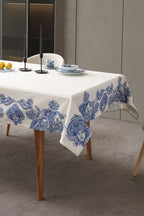 Çini Mavi Full Sofra Tekstili Takımı - Bahçe Desenli Saçaklı Sofra Seti