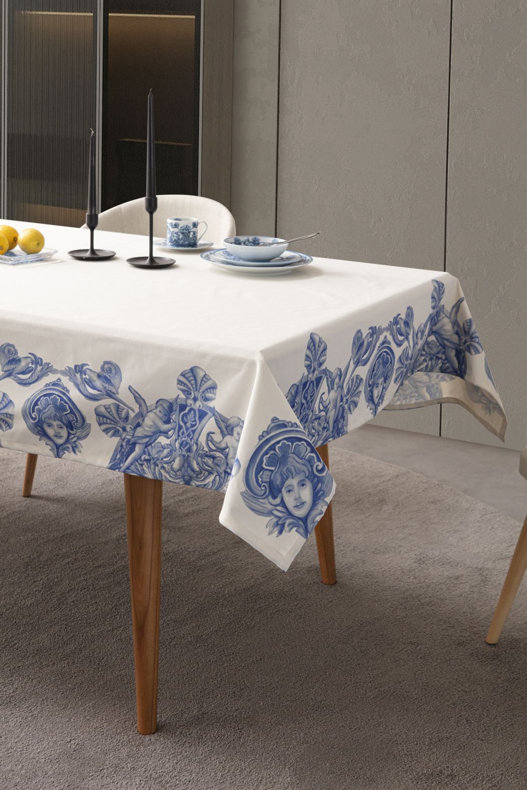 Çini Mavi Full Sofra Tekstili Takımı - Bahçe Desenli Saçaklı Sofra Seti