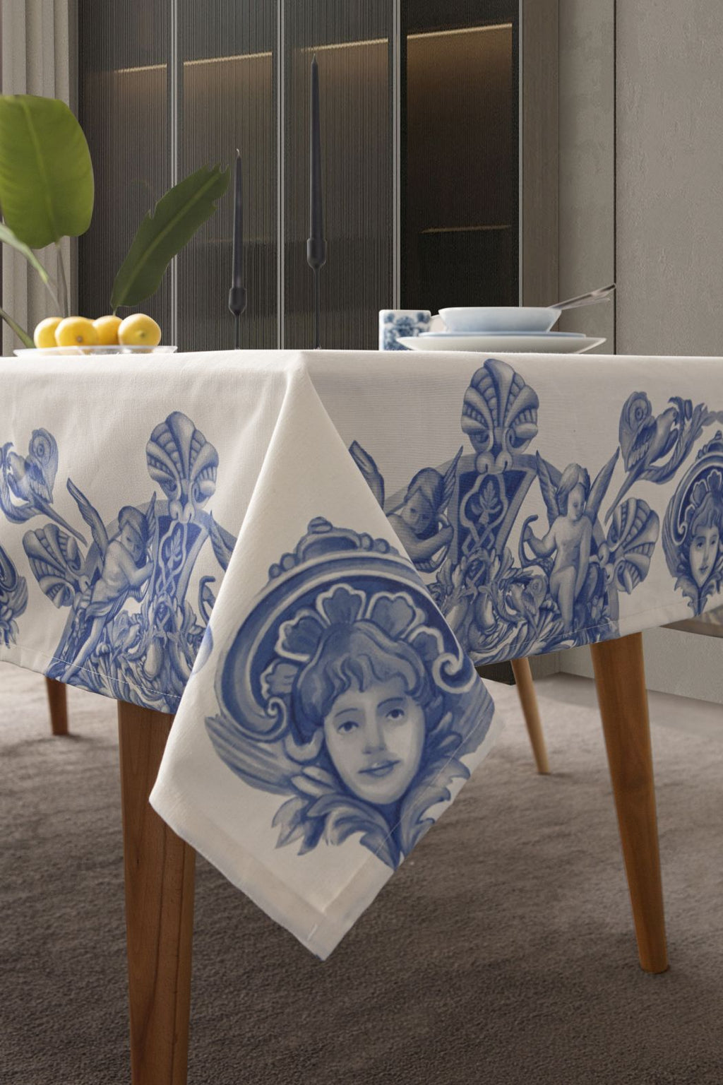 Çini Mavi Full Sofra Tekstili Takımı - Bahçe Desenli Saçaklı Sofra Seti