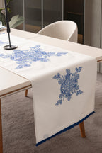 Merkez Desenli Çiçekli Mavi Beyaz Otantik Sofra Ortası
