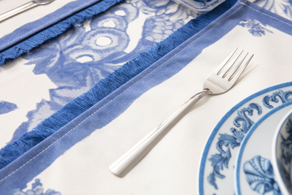 Çini Mavi Floral Desenli Püskül Detaylı Full Sofra Tekstili Takımı