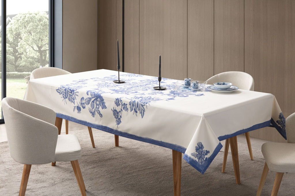 Çini Mavi Floral Desenli Püskül Detaylı Full Sofra Tekstili Takımı