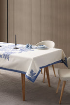 Çini Mavi Floral Desenli Püskül Detaylı Full Sofra Tekstili Takımı