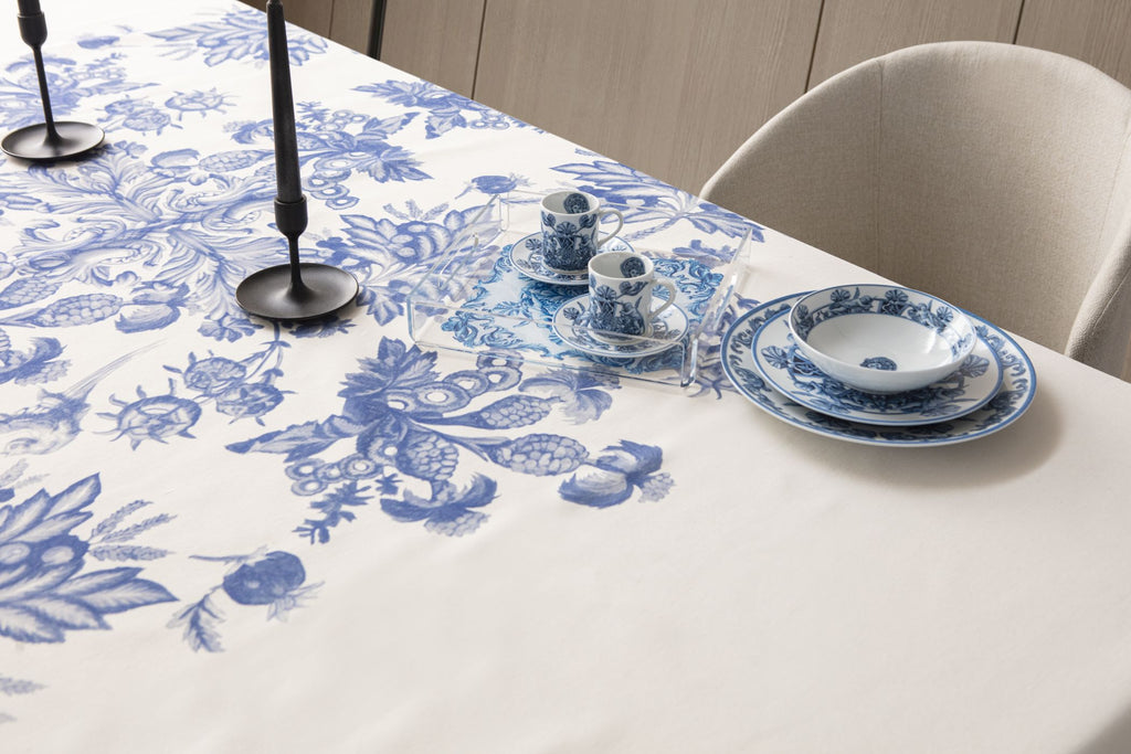 Çini Mavi Floral Desenli Püskül Detaylı Full Sofra Tekstili Takımı