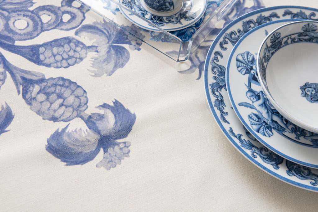 Çini Mavi Floral Desenli Püskül Detaylı Full Sofra Tekstili Takımı