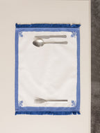 Çini Mavi Floral Desenli Püskül Detaylı Full Sofra Tekstili Takımı