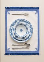 Çini Mavi Floral Desenli Püskül Detaylı Full Sofra Tekstili Takımı