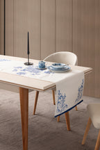 Çini Mavi Desenli Püskül Detaylı Otantik Masa Runnerı