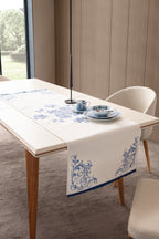 Çini Mavi Desenli Püskül Detaylı Otantik Masa Runnerı