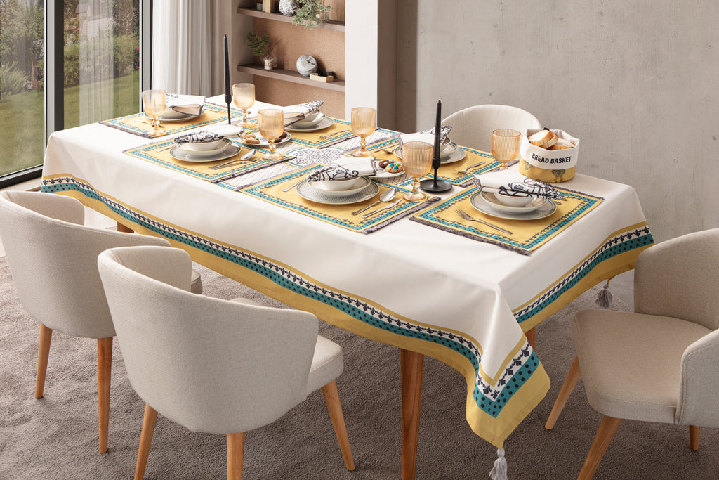 Sarı & Yeşil Otantik Desenli Full Masa Örtüsü Seti (Püsküllü Koleksiyon)