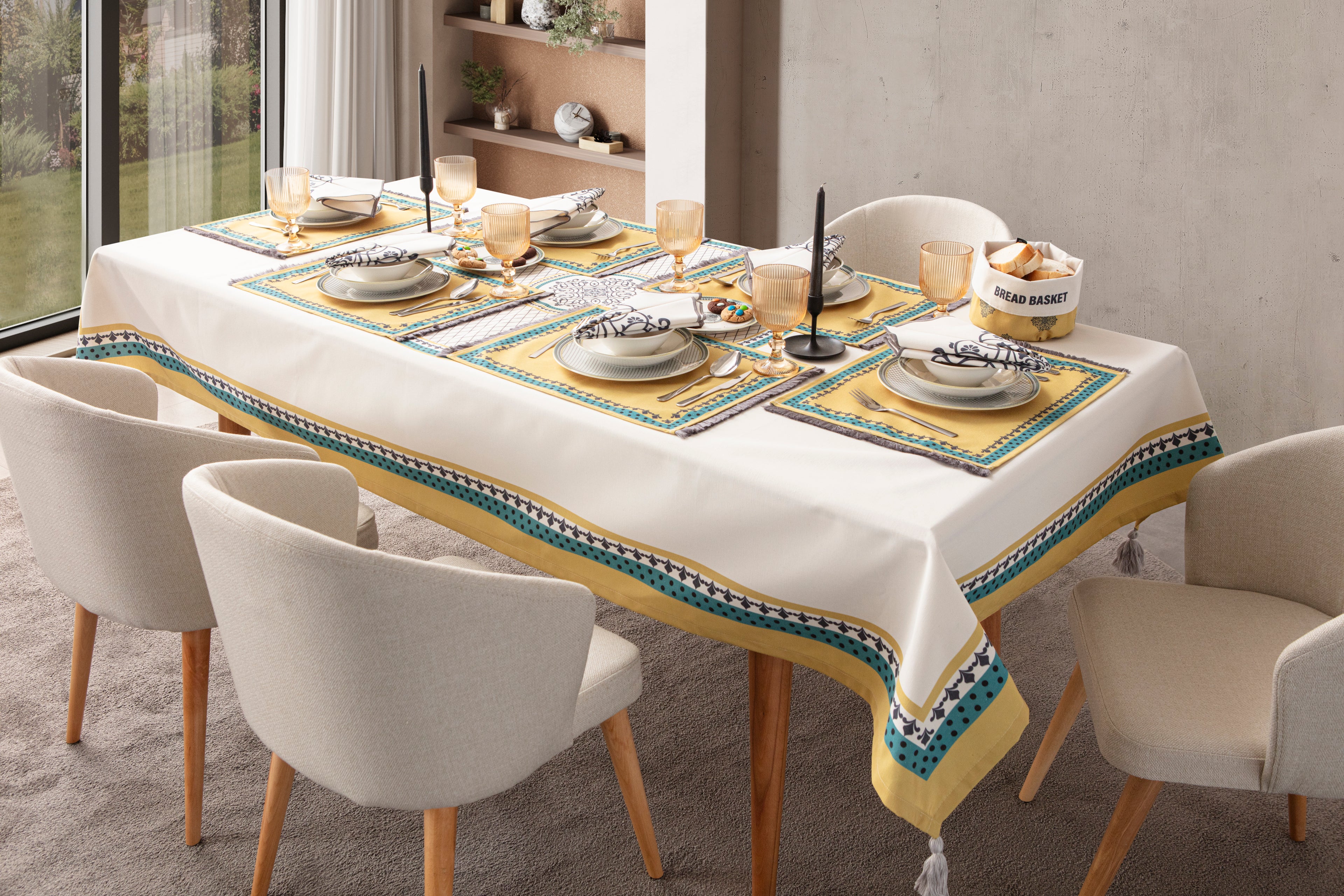 Sarı & Yeşil Otantik Desenli Full Masa Örtüsü Seti (Püsküllü Koleksiyon)