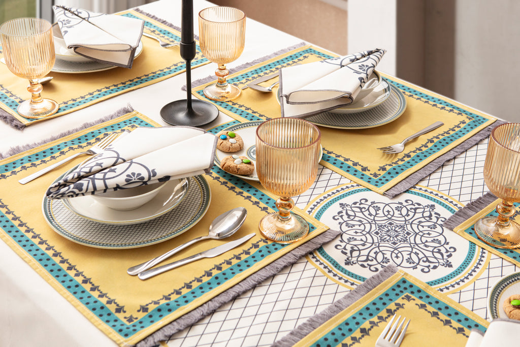 Sarı & Yeşil Otantik Desenli Full Masa Örtüsü Seti (Püsküllü Koleksiyon)