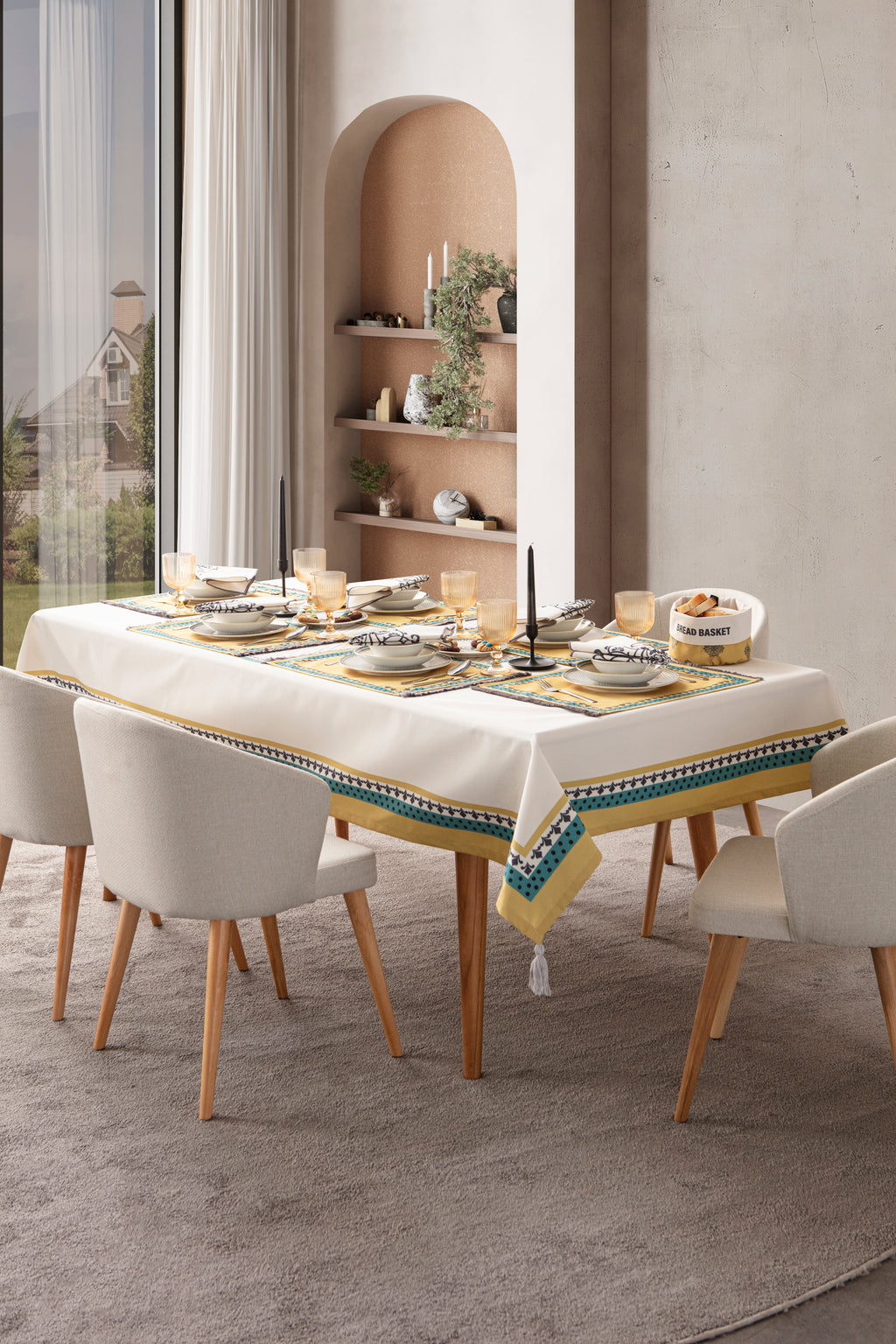 Sarı & Yeşil Otantik Desenli Full Masa Örtüsü Seti (Püsküllü Koleksiyon)