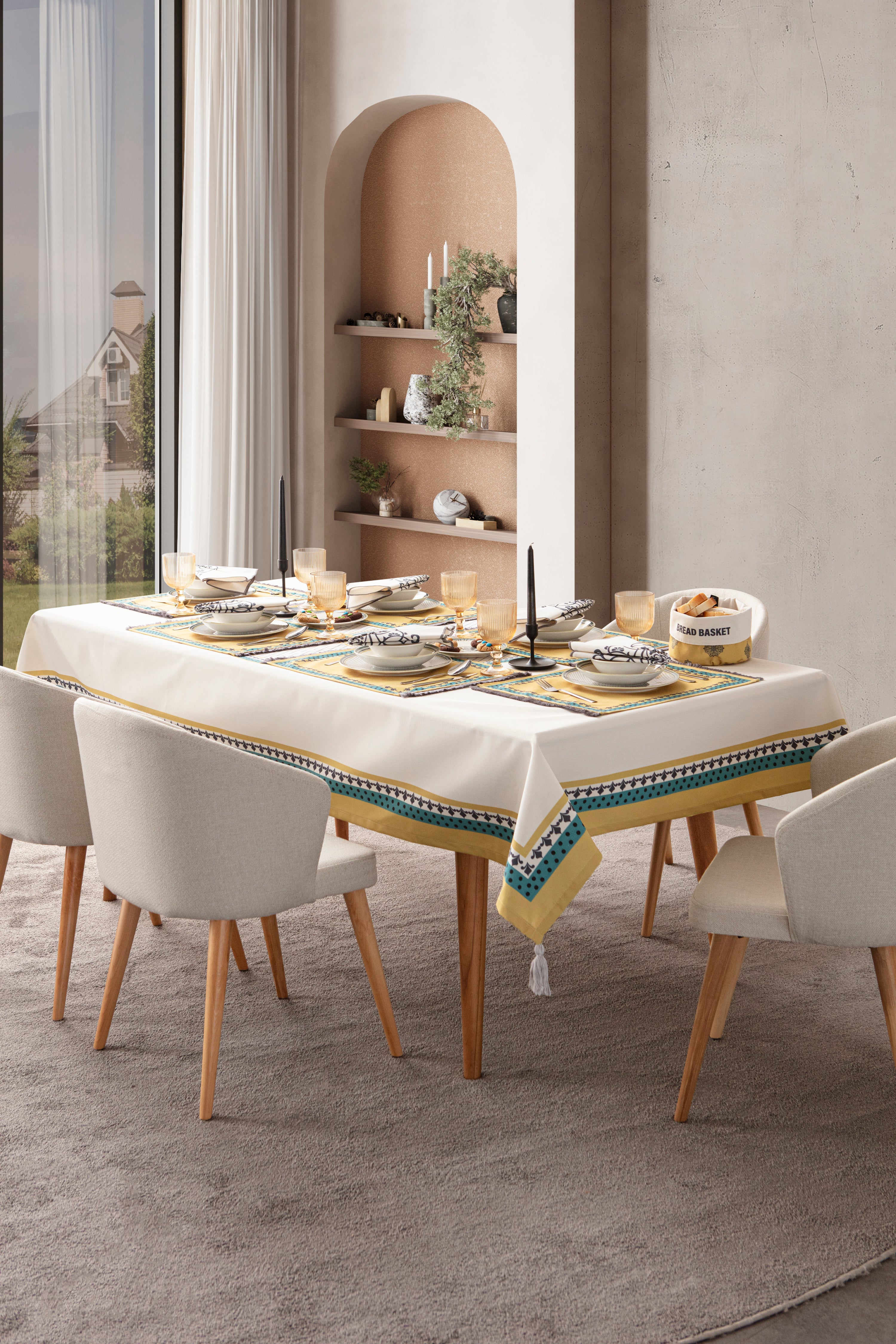 Sarı & Yeşil Otantik Desenli Full Masa Örtüsü Seti (Püsküllü Koleksiyon)