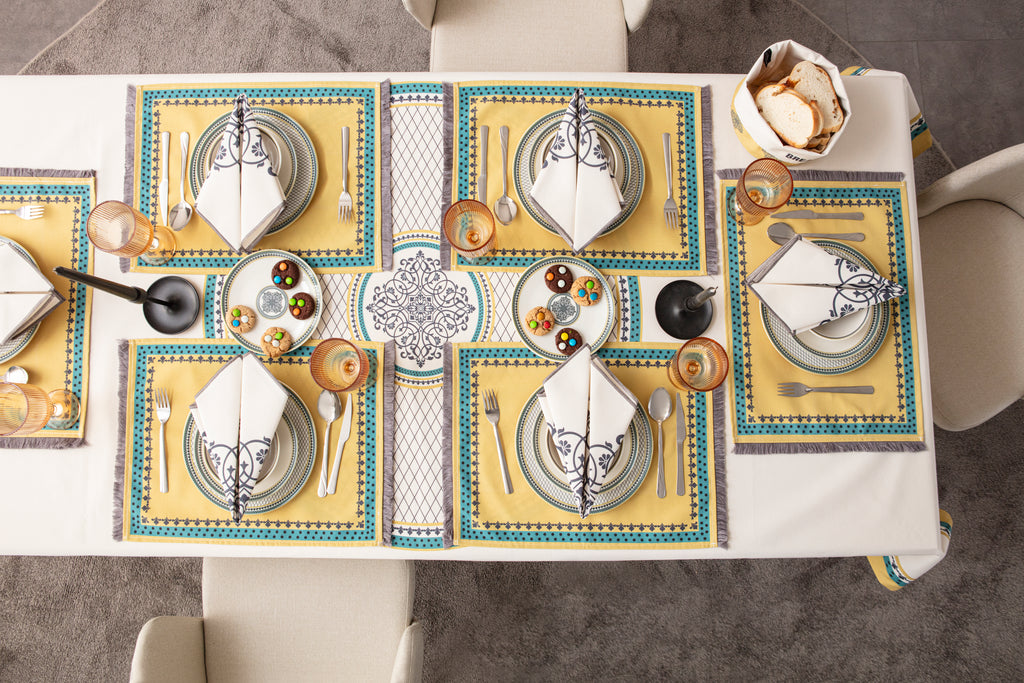 Sarı & Yeşil Otantik Desenli Full Masa Örtüsü Seti (Püsküllü Koleksiyon)