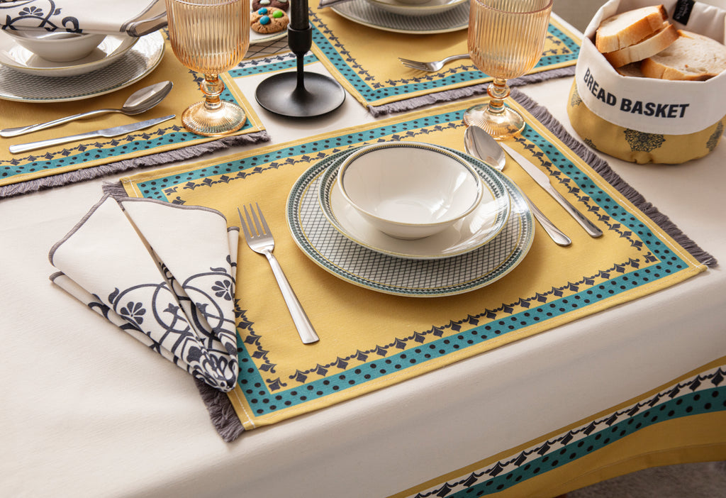 Sarı & Yeşil Otantik Desenli Full Masa Örtüsü Seti (Püsküllü Koleksiyon)