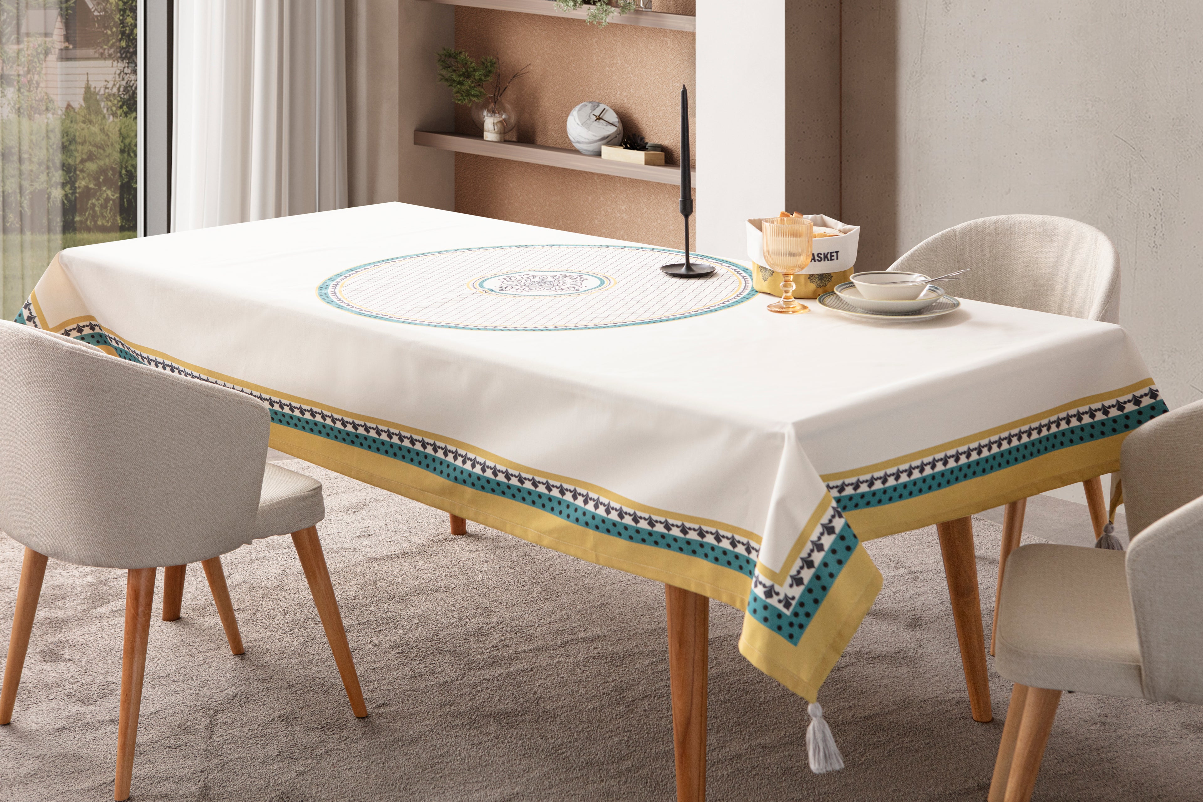 Sarı & Yeşil Otantik Desenli Full Masa Örtüsü Seti (Püsküllü Koleksiyon)