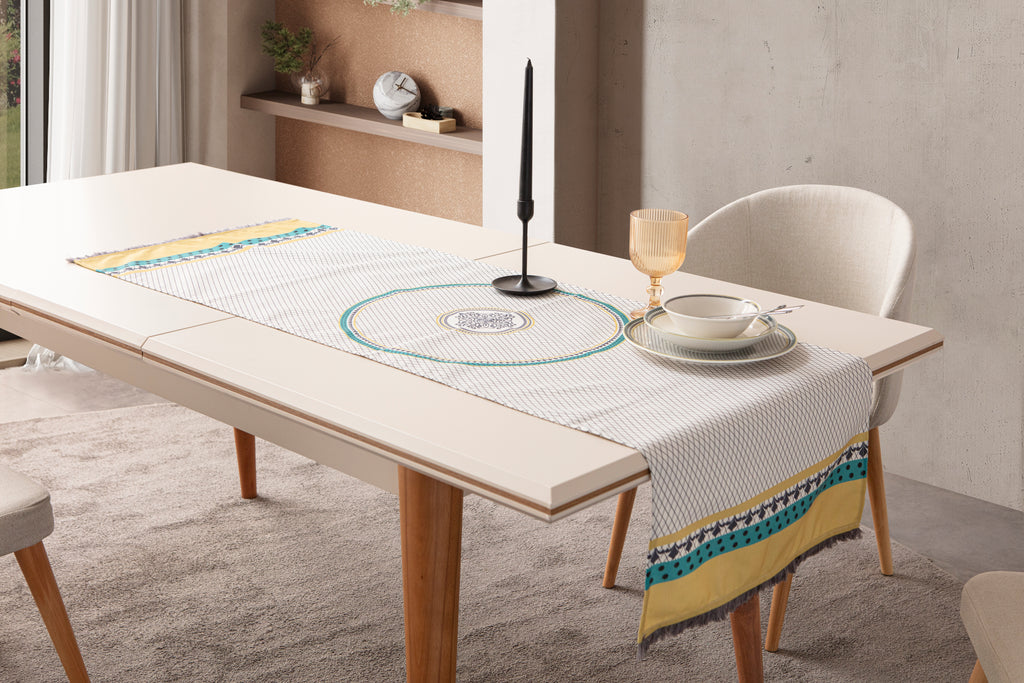 Bohem Saçaklı Kenar Detaylı Geometrik Desenli Masa Ortası