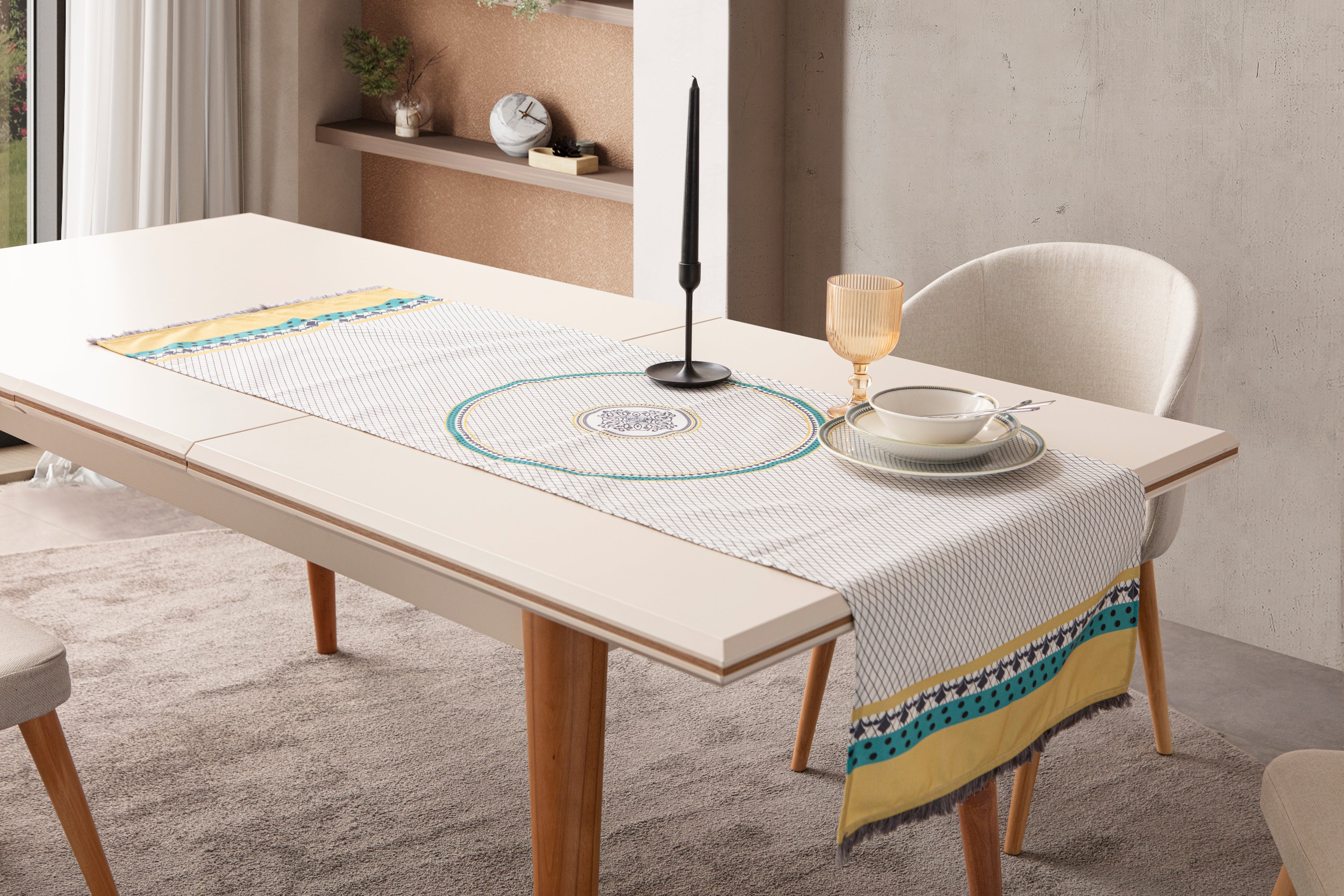 Bohem Saçaklı Kenar Detaylı Geometrik Desenli Masa Ortası