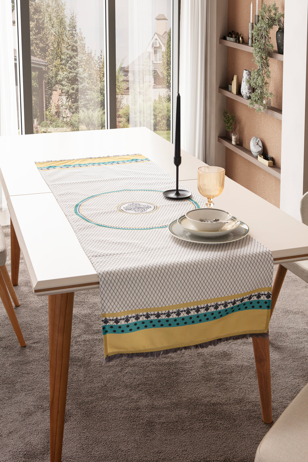 Bohem Saçaklı Kenar Detaylı Geometrik Desenli Masa Ortası