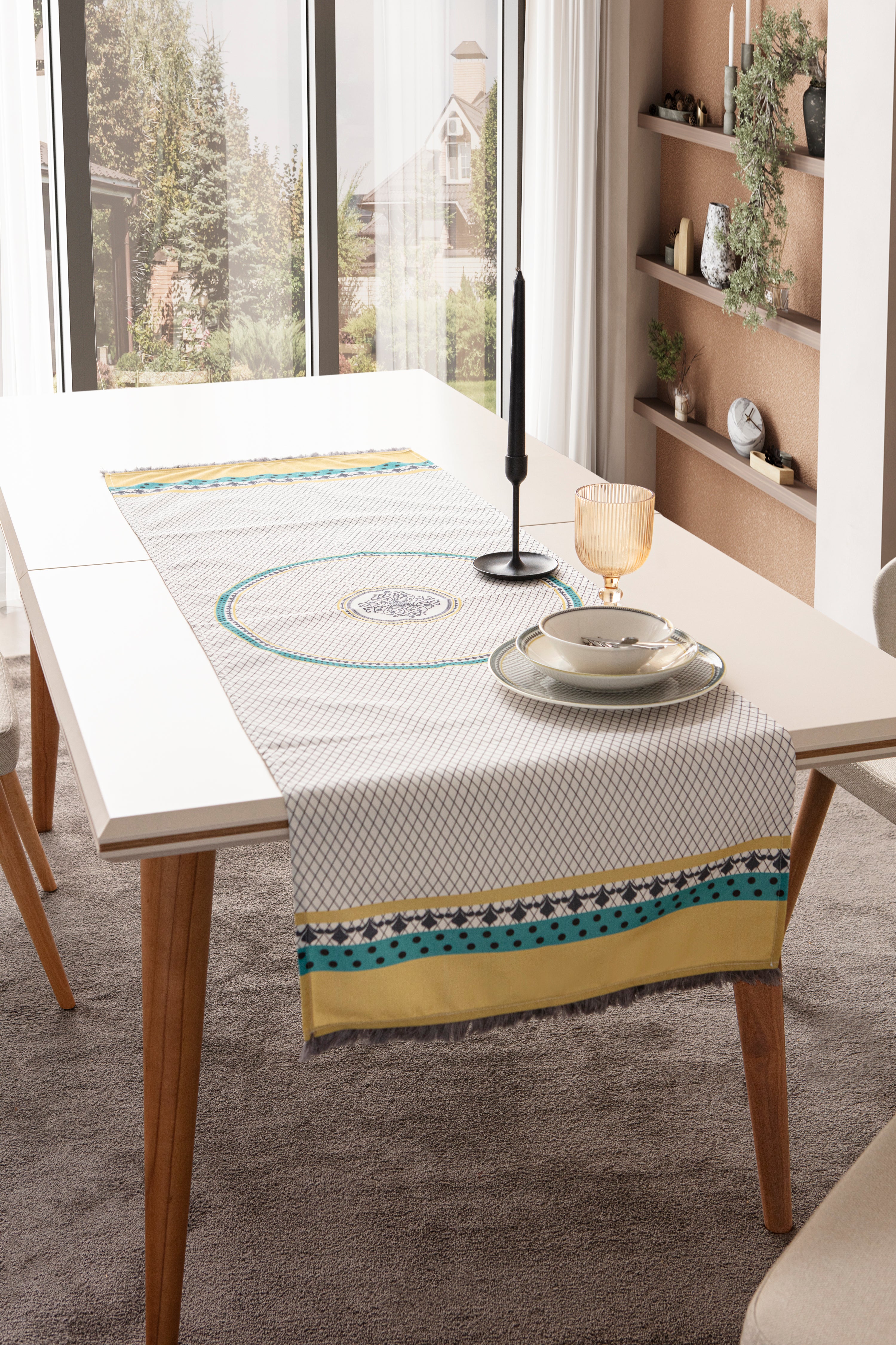 Bohem Saçaklı Kenar Detaylı Geometrik Desenli Masa Ortası