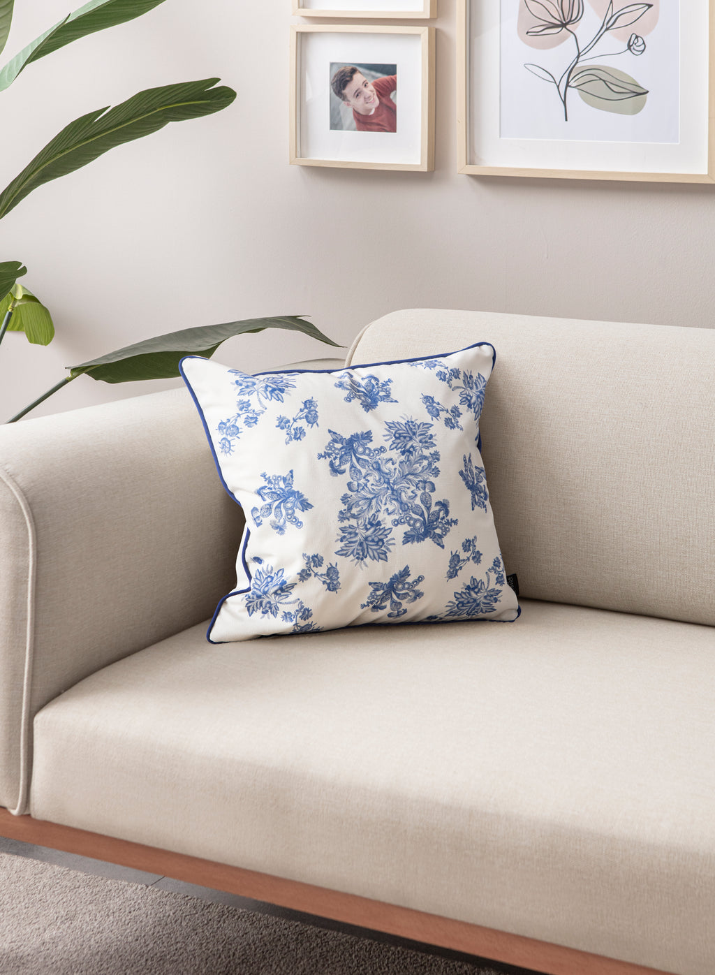 Delft Mavi Tarzı Floral Desenli Pamuklu Dekoratif Yastık