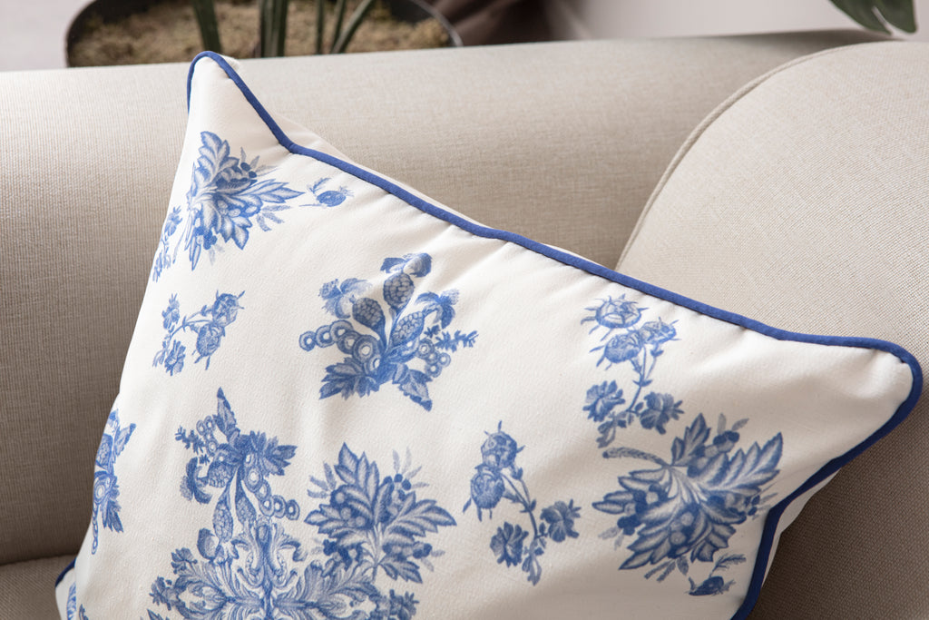 Delft Mavi Tarzı Floral Desenli Pamuklu Dekoratif Yastık