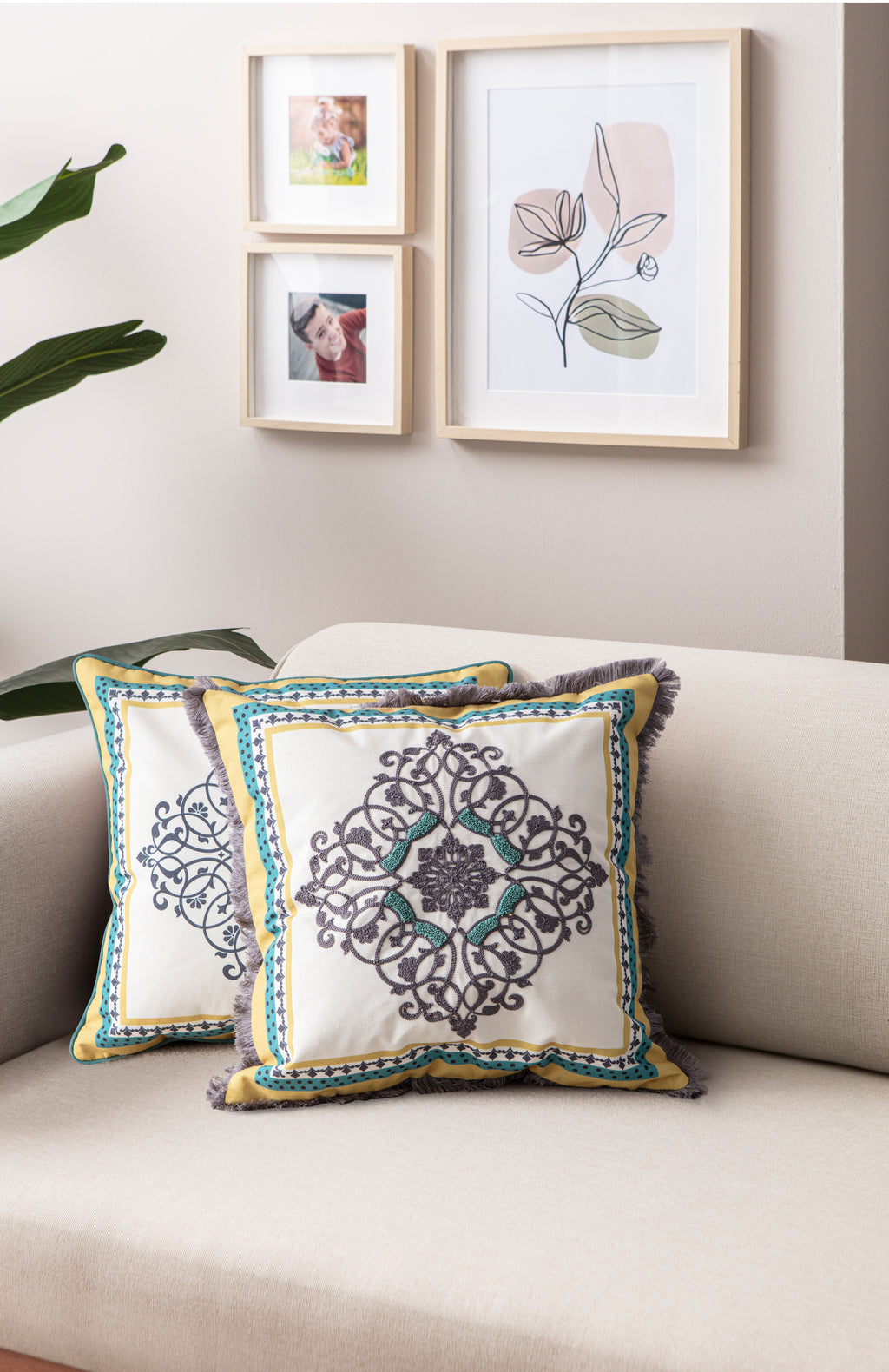 Bohem & Etnik Tarz Püsküllü ve Biyeli İkili Kare Kırlent Takımı