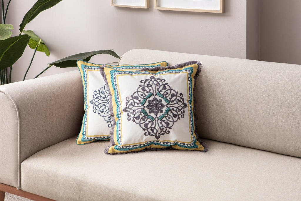 Bohem & Etnik Tarz Püsküllü ve Biyeli İkili Kare Kırlent Takımı