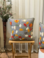 Bohem Tarzı Gri Zemin Üzerine Örgü/Düğüm Nakışlı Dekoratif Yastık