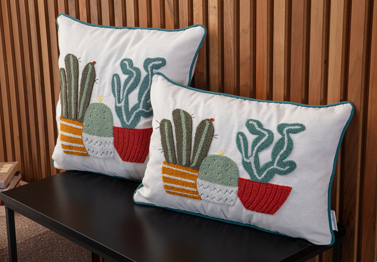 Punch Nakışlı Saksı Kaktüs ve Sukulent Desenli Dikdörtgen Kırlent Seti