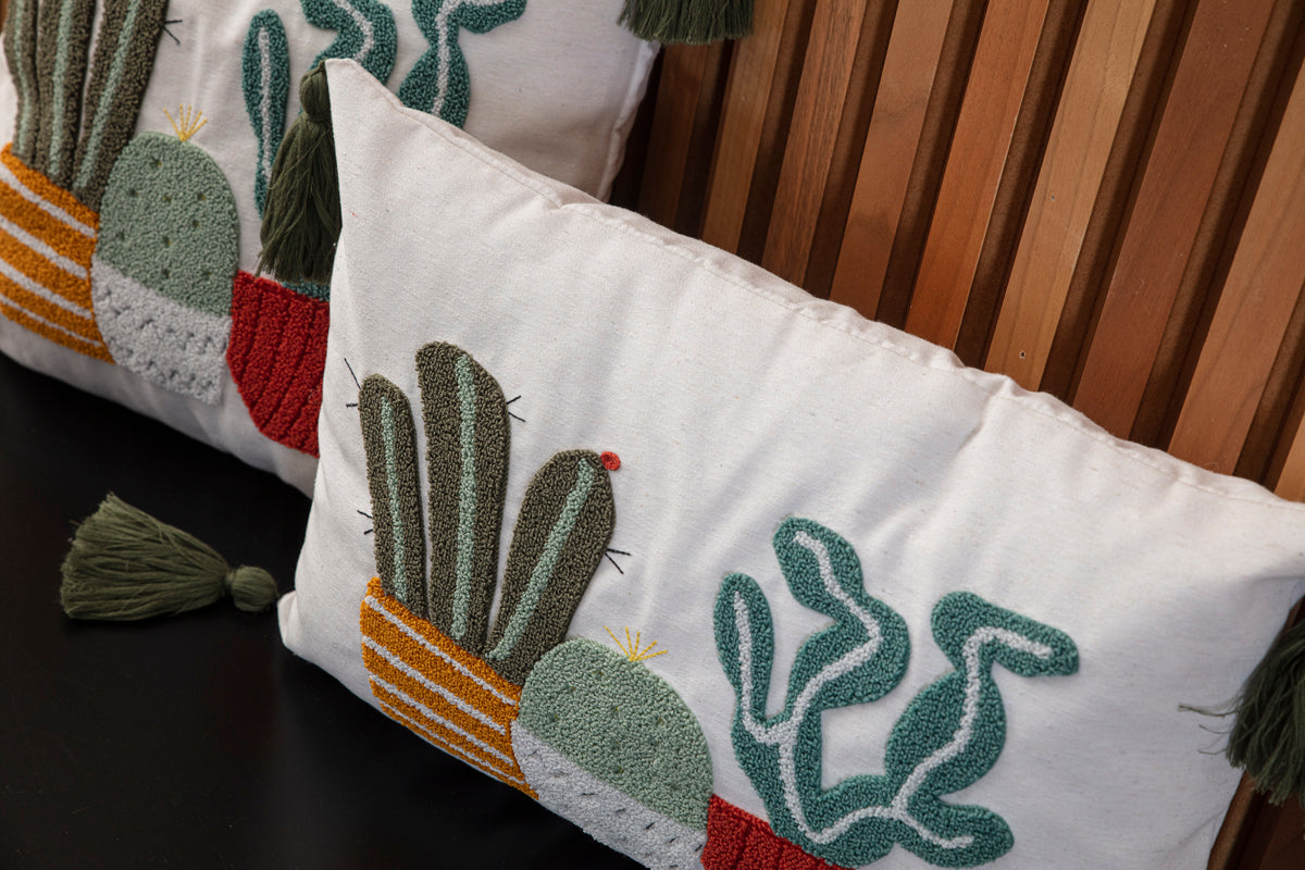 Punch Nakışlı Saksı Kaktüs ve Sukulent Desenli Dikdörtgen Kırlent Seti