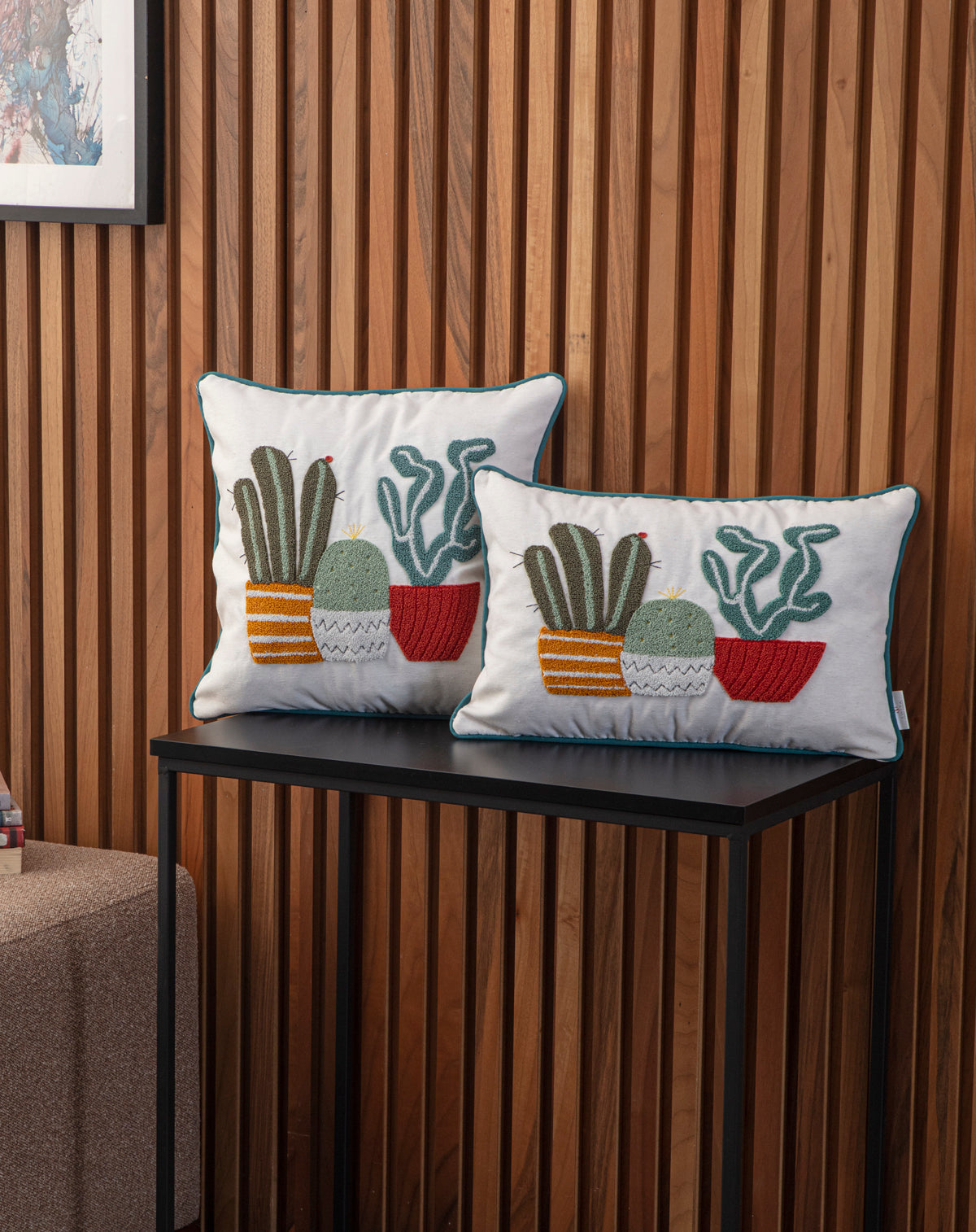 Punch Nakışlı Saksı Kaktüs ve Sukulent Desenli Dikdörtgen Kırlent Seti