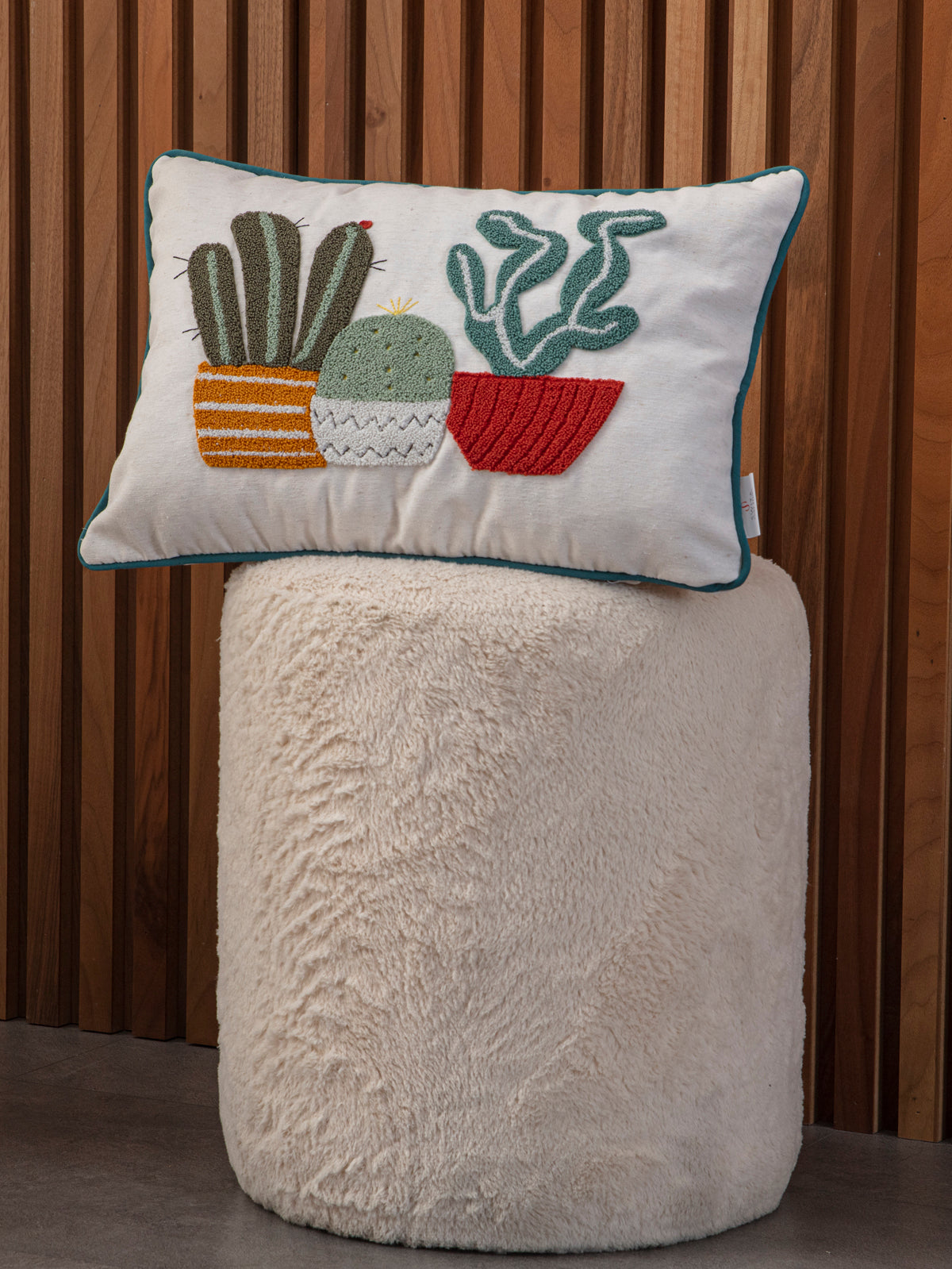 Punch Nakışlı Saksı Kaktüs ve Sukulent Desenli Dikdörtgen Kırlent Seti