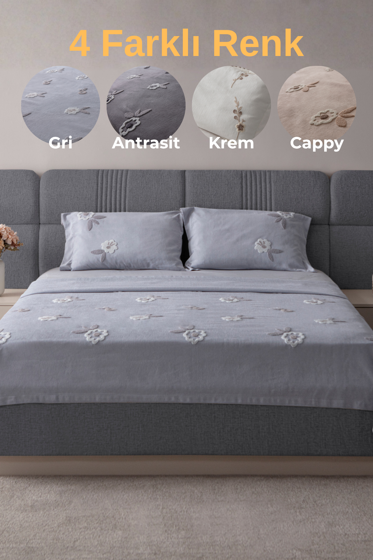 Sera Çiçek Desenli Yatak Örtüsü Takımı – Çift Kişilik, Yumuşak Dokulu, Şık Nakışlı Model