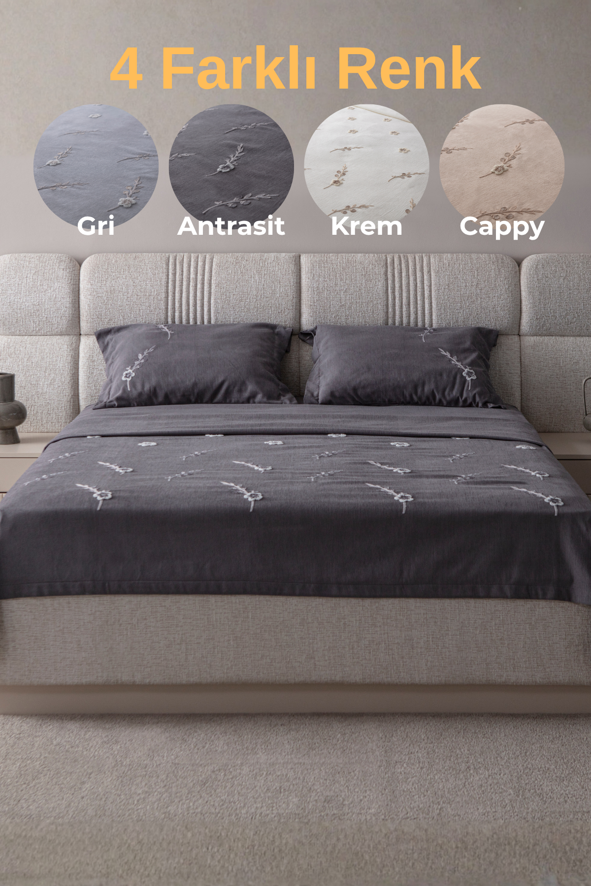 Lora Nakış Detaylı Yatak Örtüsü Takımı – Çift Kişilik, Yumuşak Dokulu, Şık Nakışlı Model