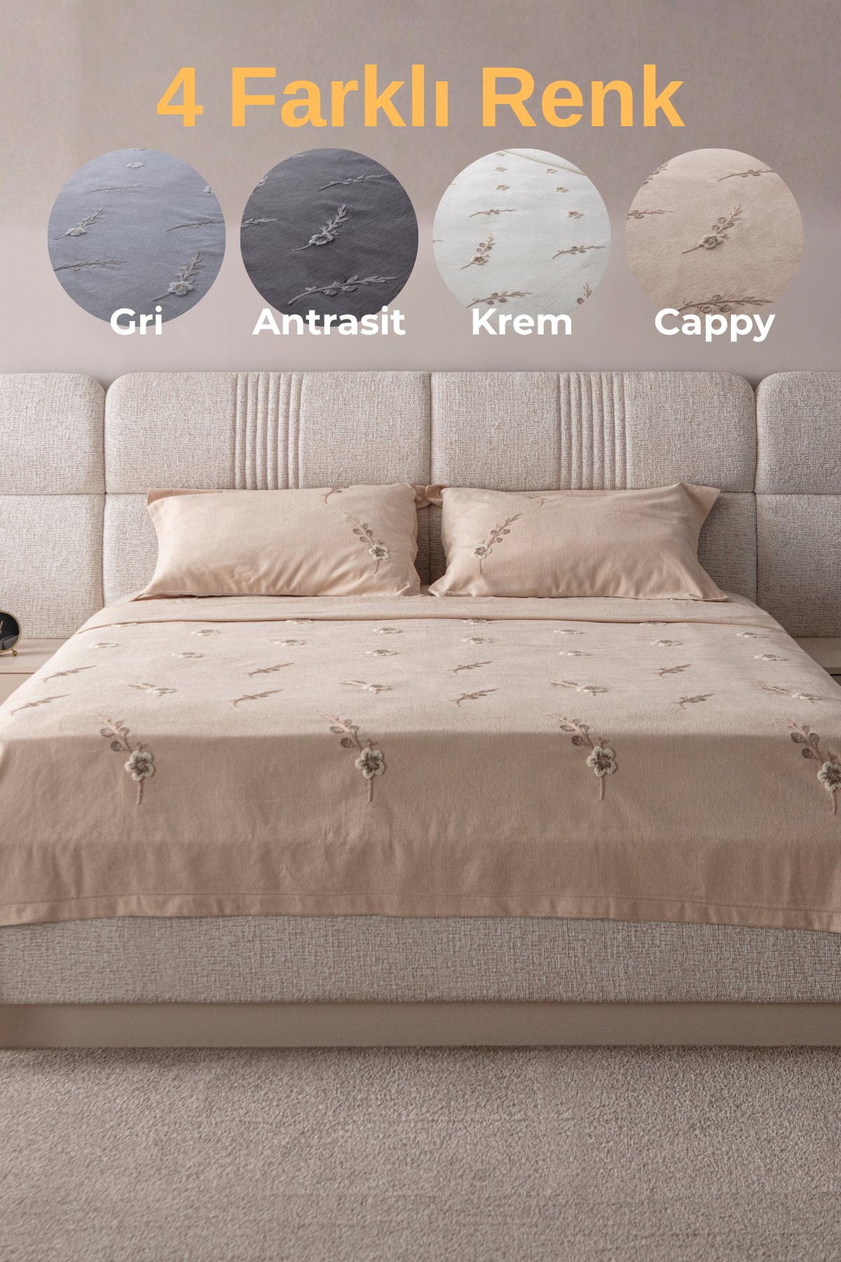 Lora Nakış Detaylı Yatak Örtüsü Takımı – Çift Kişilik, Yumuşak Dokulu, Şık Nakışlı Model