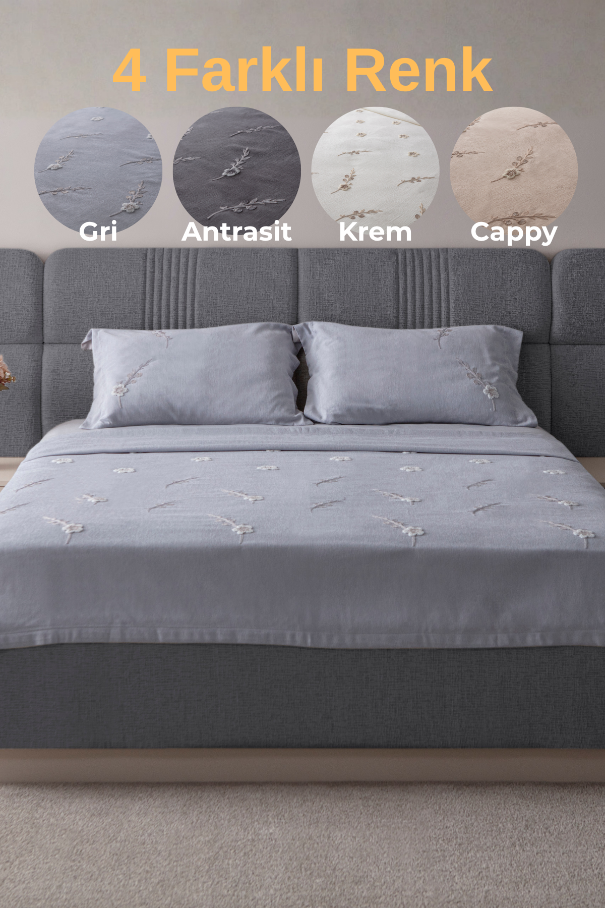 Lora Nakış Detaylı Yatak Örtüsü Takımı – Çift Kişilik, Yumuşak Dokulu, Şık Nakışlı Model