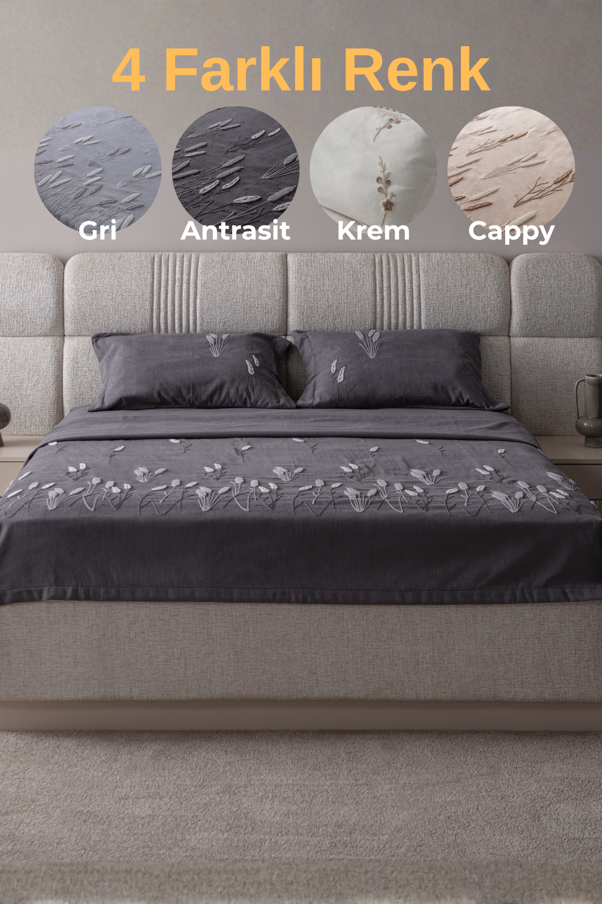 Solena Çiçek Desenli Yatak Örtüsü Takımı – Çift Kişilik, Yumuşak Dokulu, Şık Nakışlı Model