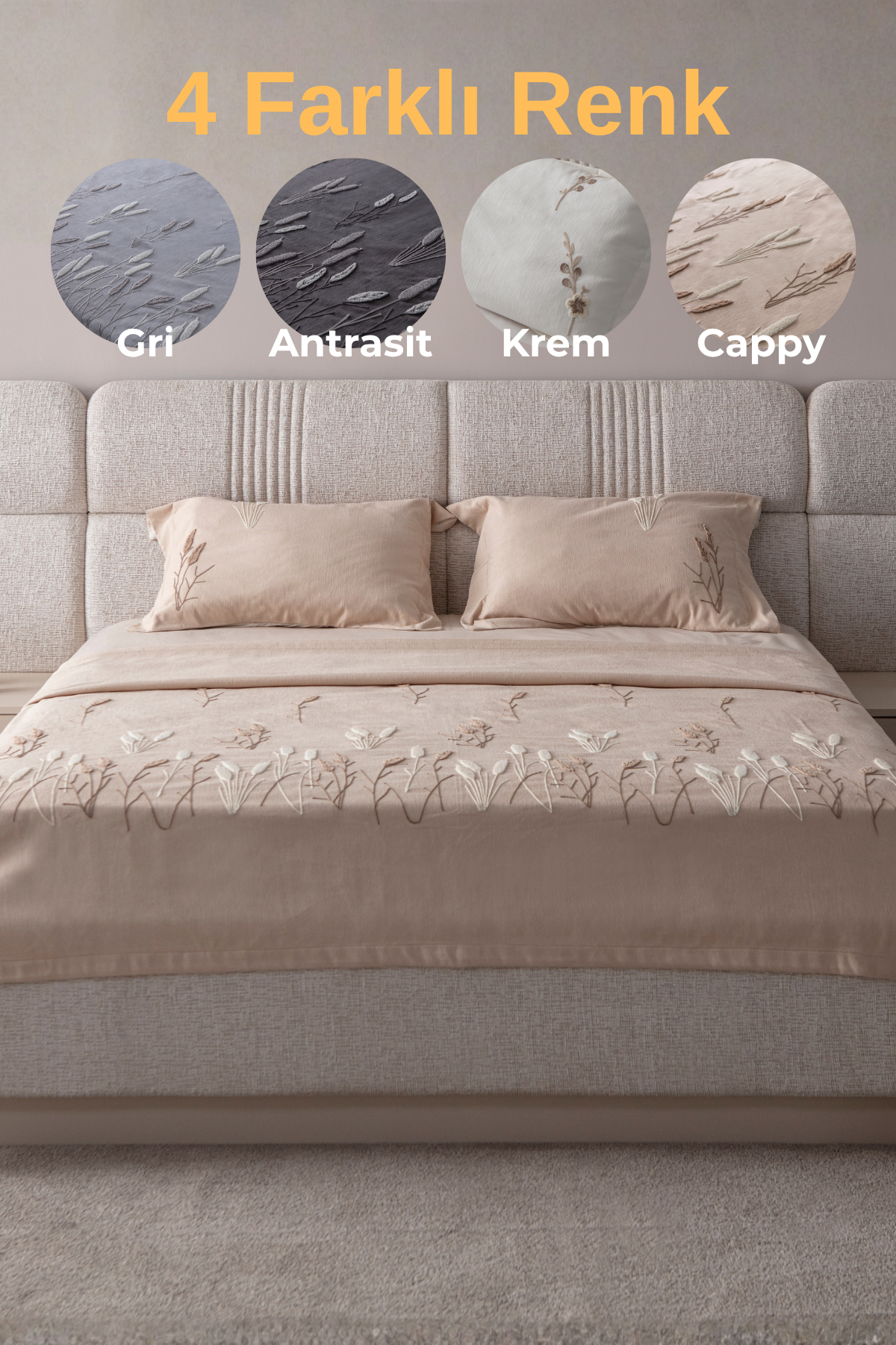 Solena Çiçek Desenli Yatak Örtüsü Takımı – Çift Kişilik, Yumuşak Dokulu, Şık Nakışlı Model