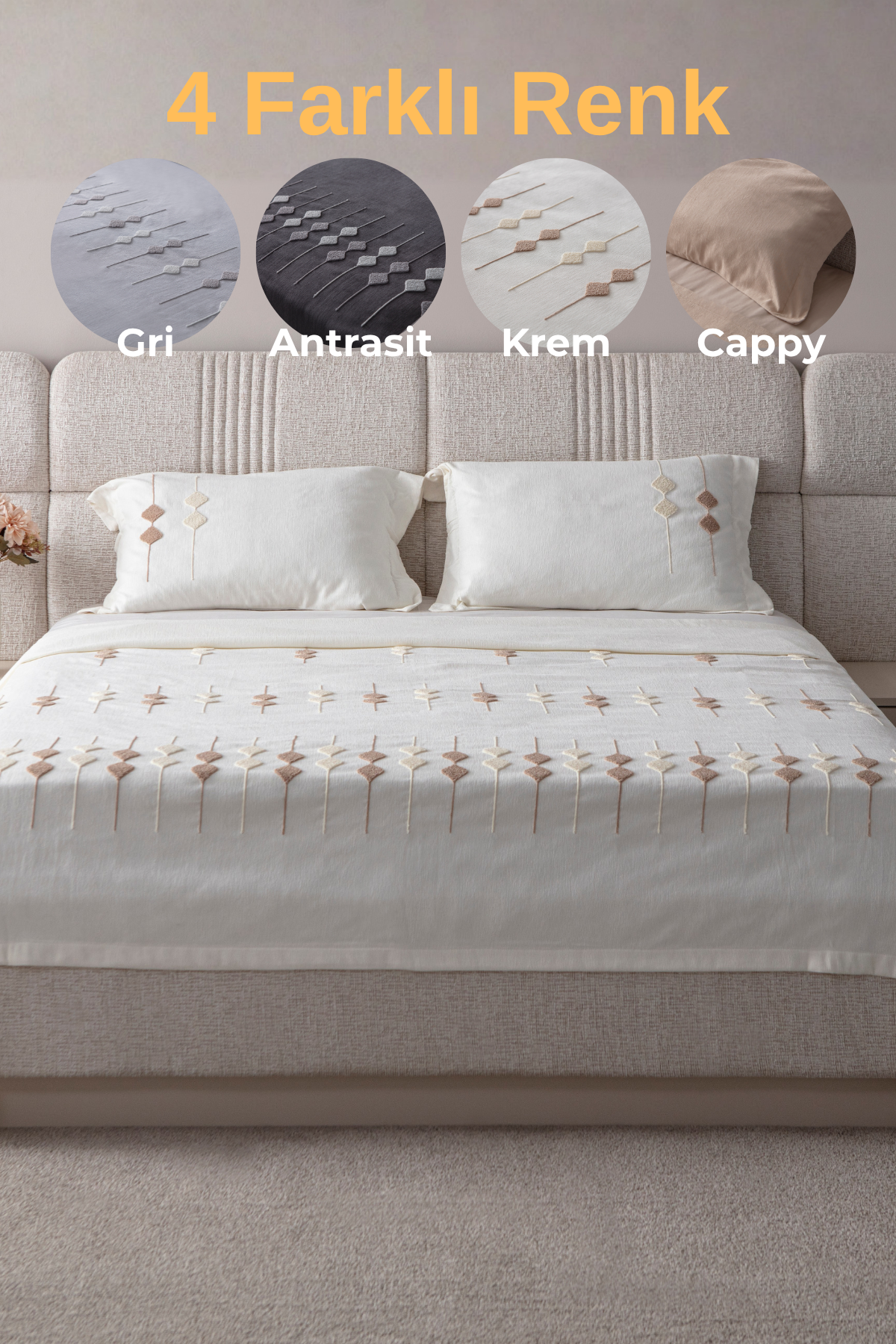Vera Nakış Detaylı Yatak Örtüsü Takımı – Çift Kişilik, Yumuşak Dokulu, Şık Nakışlı Model
